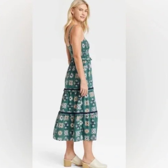 Universal Thread Teal Ikat Print Sleeveless Tiered Midi Dress Women’s Size XL - Picture 2 of 6